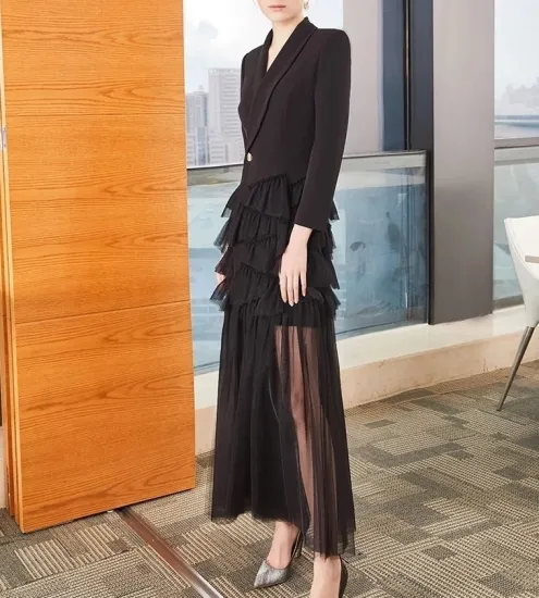 結婚式お呼ばれドレスフリルのシースルー長袖 ロングドレス 上品でシック な二次会イベントドレス