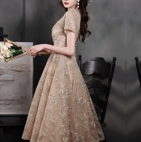 清楚な半袖ミモレ丈パーティードレス結婚式のお呼ばれにぴったりのリボンドレス